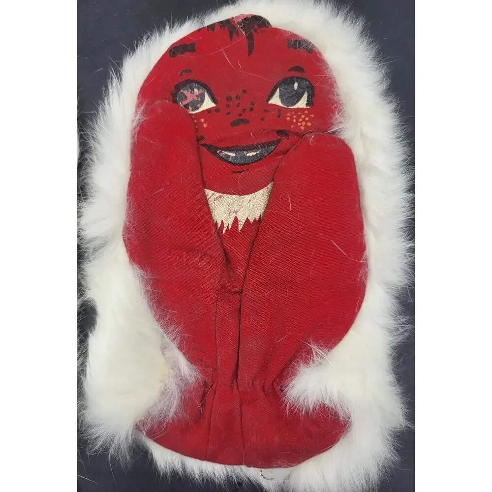 RARE 1950s Childs White/Red Fur/Leather Mittens and Wool Knit Cap YK